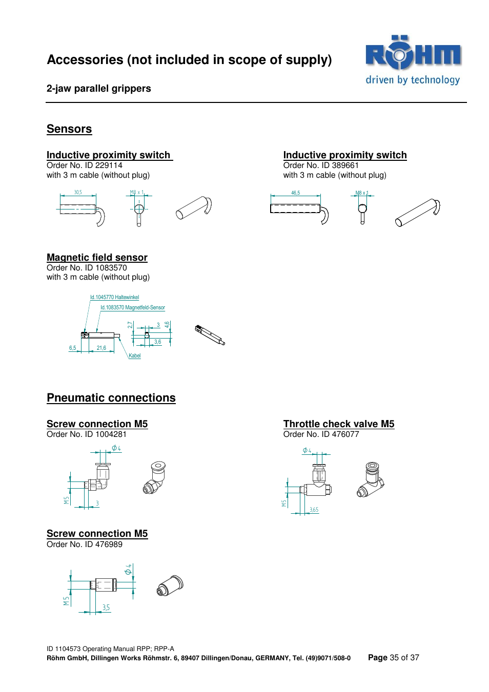 Accessories (not included in scope of supply), Sensors, Pneumatic connections | ROHM RPP / RPP-A 2-jaw parallel gripper User Manual | Page 35 / 37