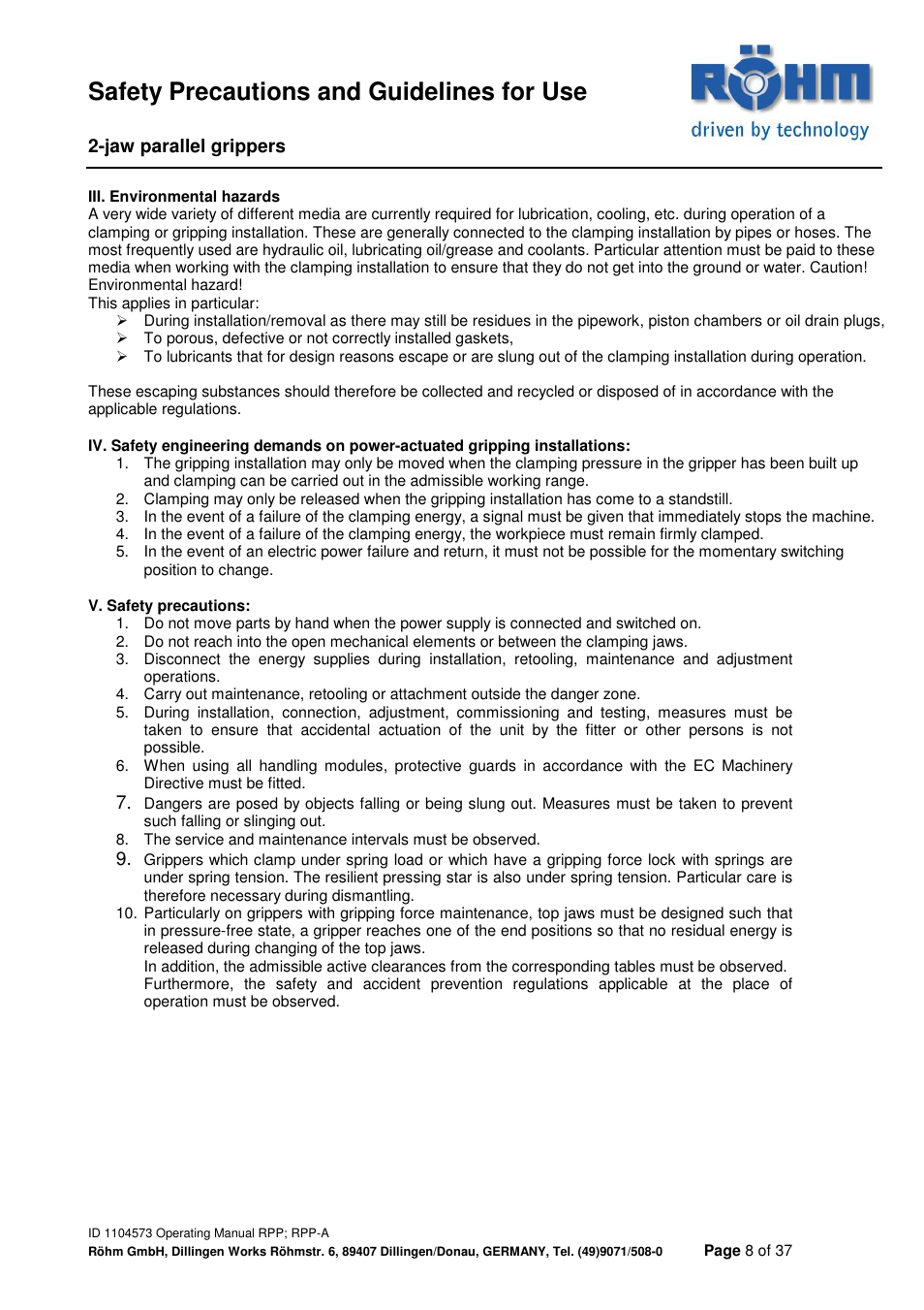 Safety precautions and guidelines for use | ROHM RPP / RPP-A 2-jaw parallel gripper User Manual | Page 8 / 37