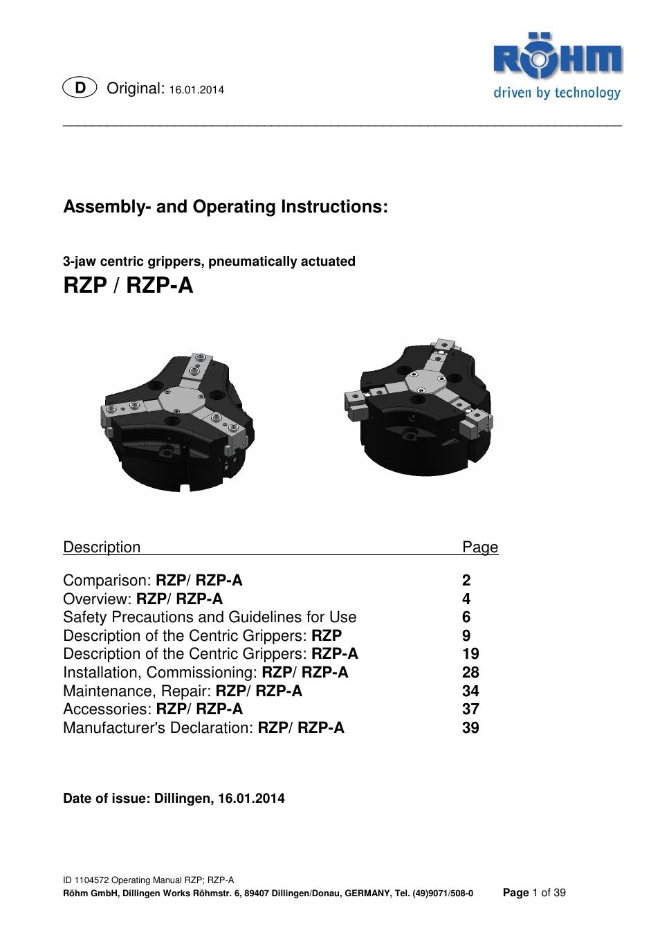 ROHM RZP / RZP-A 3-jaw centric gripper User Manual | 39 pages