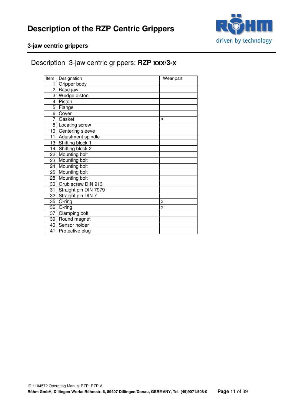 Description of the rzp centric grippers, Description 3-jaw centric grippers: rzp xxx/3-x | ROHM RZP / RZP-A 3-jaw centric gripper User Manual | Page 11 / 39