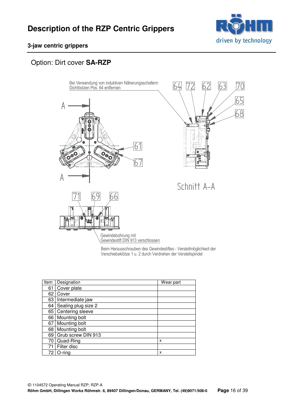 Aschnitt a-a, Description of the rzp centric grippers | ROHM RZP / RZP-A 3-jaw centric gripper User Manual | Page 16 / 39