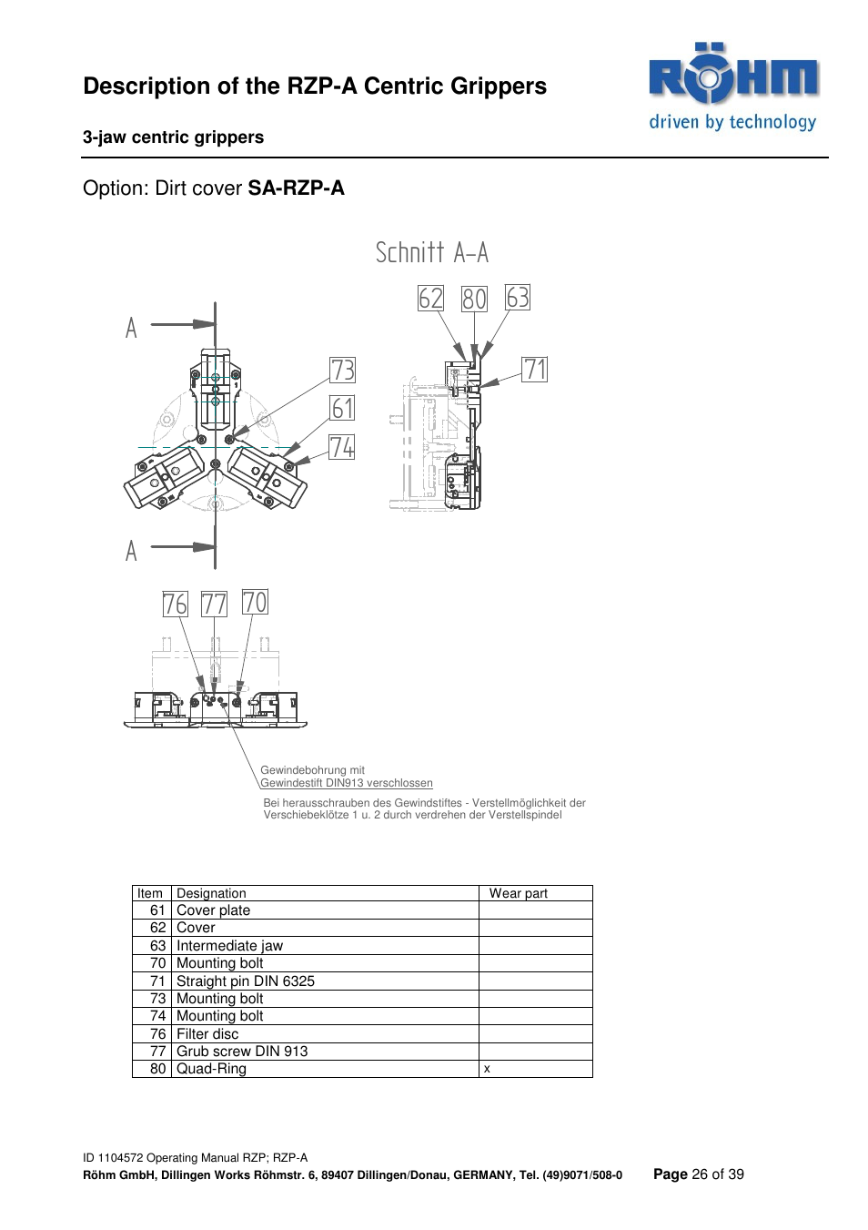 Aschnitt a-a, Description of the rzp-a centric grippers | ROHM RZP / RZP-A 3-jaw centric gripper User Manual | Page 26 / 39