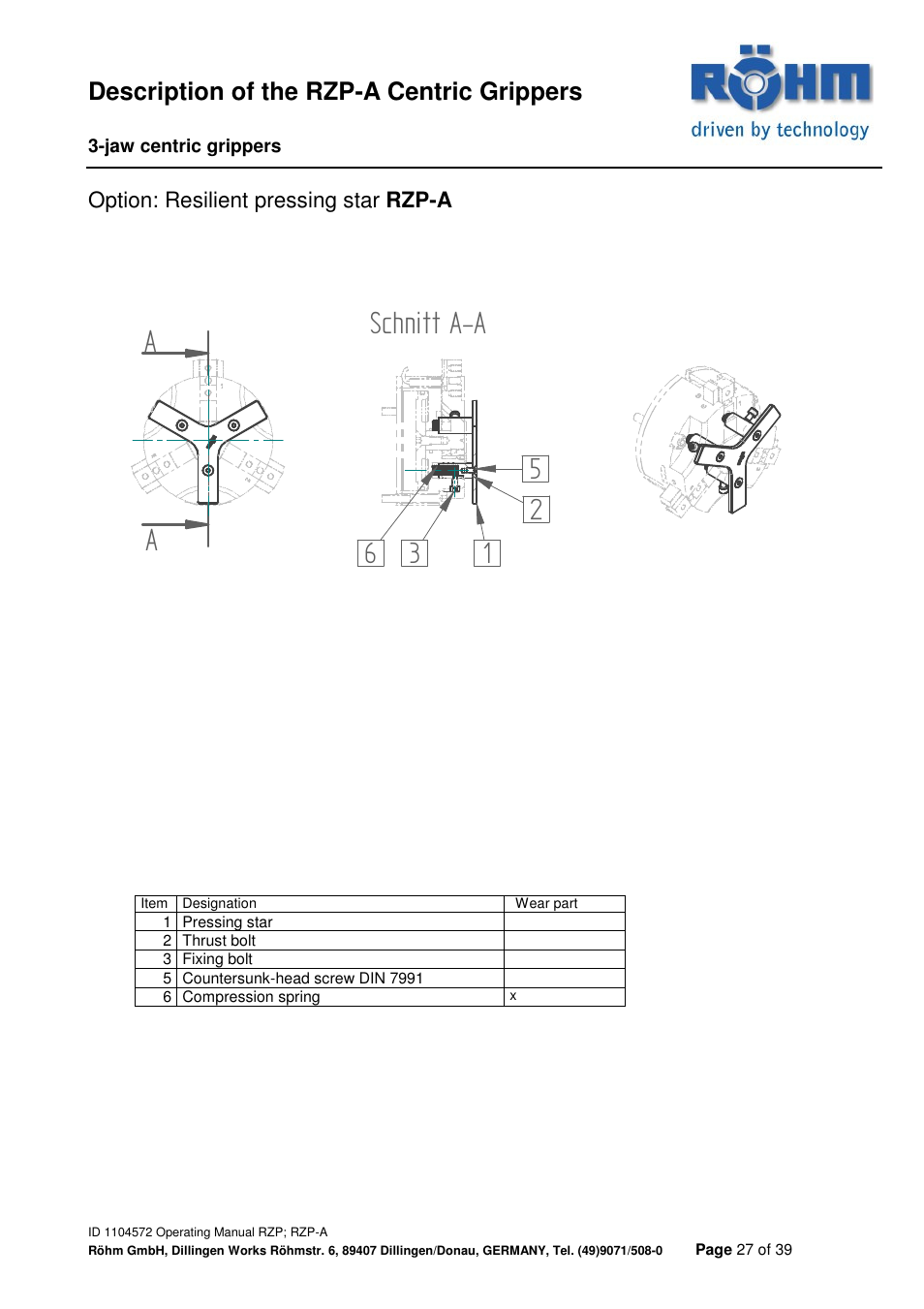 Aschnitt a-a, Description of the rzp-a centric grippers | ROHM RZP / RZP-A 3-jaw centric gripper User Manual | Page 27 / 39