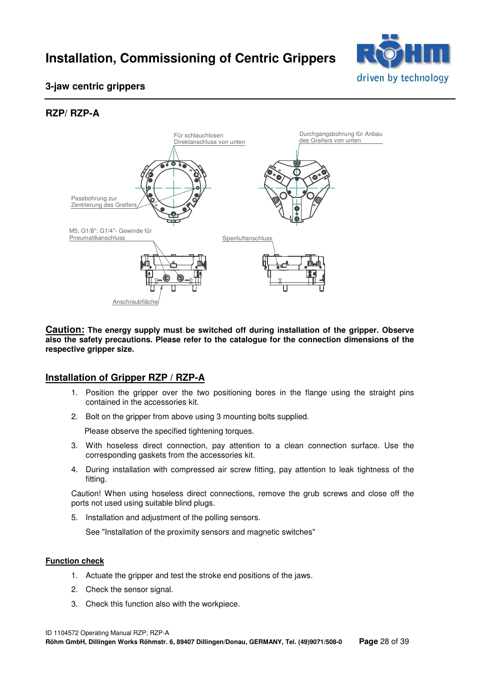 Installation, commissioning of centric grippers | ROHM RZP / RZP-A 3-jaw centric gripper User Manual | Page 28 / 39