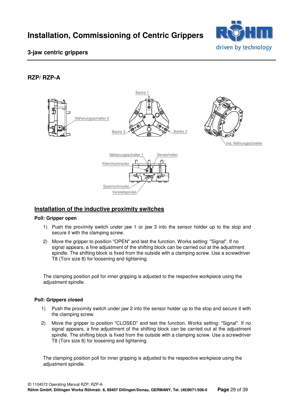Installation, commissioning of centric grippers, Jaw centric grippers, Rzp/ rzp-a | Installation of the inductive proximity switches | ROHM RZP / RZP-A 3-jaw centric gripper User Manual | Page 29 / 39