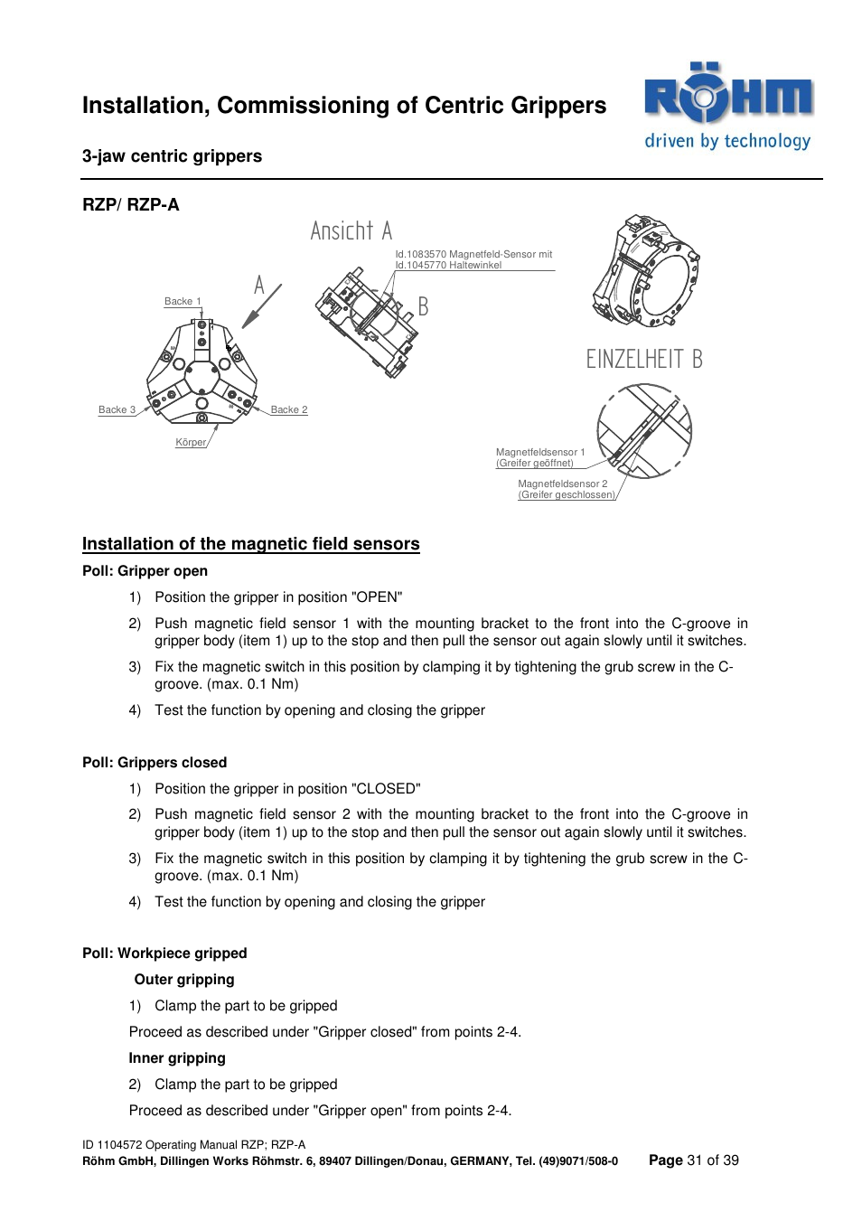 Aansicht a b einzelheit b, Installation, commissioning of centric grippers | ROHM RZP / RZP-A 3-jaw centric gripper User Manual | Page 31 / 39