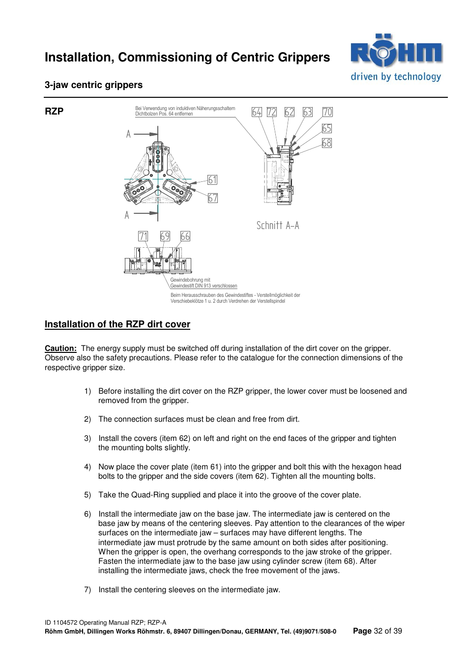 Installation, commissioning of centric grippers, Aschnitt a-a | ROHM RZP / RZP-A 3-jaw centric gripper User Manual | Page 32 / 39