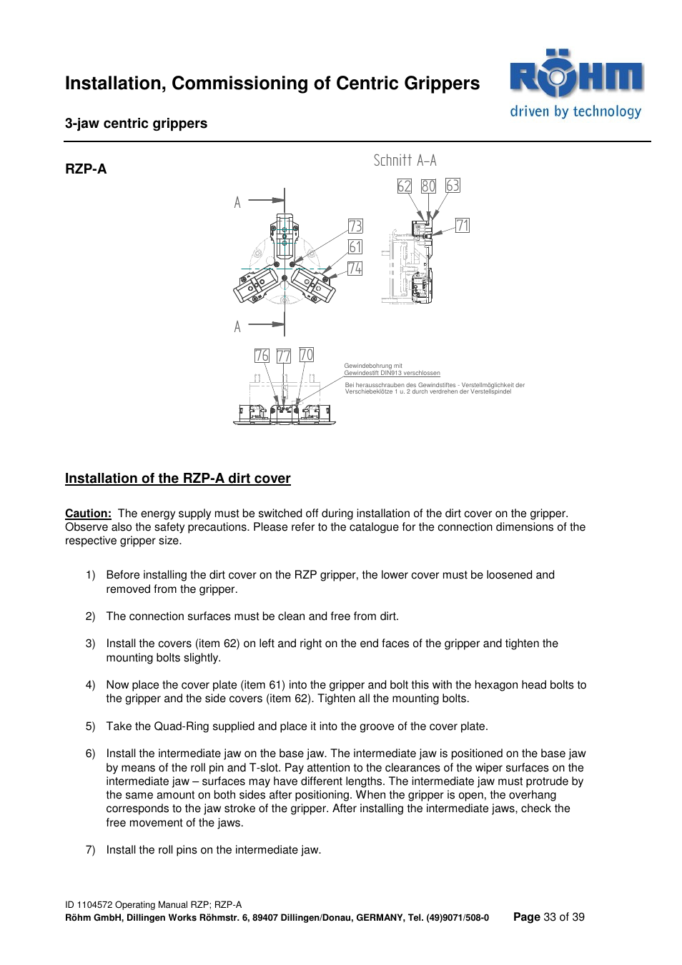 Aschnitt a-a, Installation, commissioning of centric grippers | ROHM RZP / RZP-A 3-jaw centric gripper User Manual | Page 33 / 39