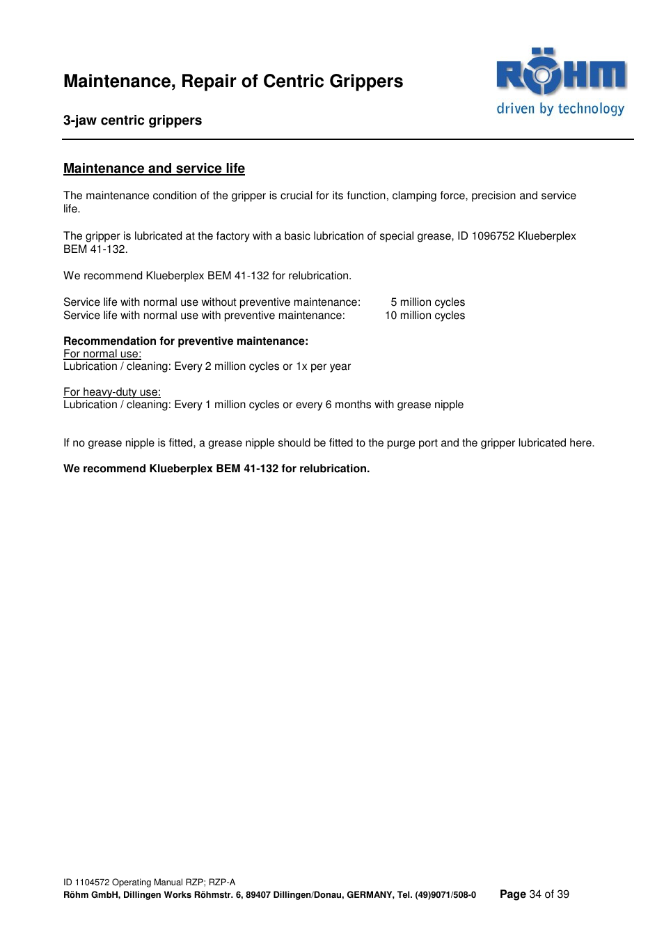 Maintenance, repair of centric grippers | ROHM RZP / RZP-A 3-jaw centric gripper User Manual | Page 34 / 39