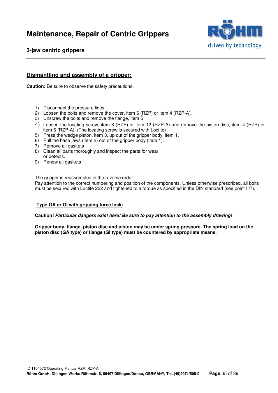 Maintenance, repair of centric grippers | ROHM RZP / RZP-A 3-jaw centric gripper User Manual | Page 35 / 39