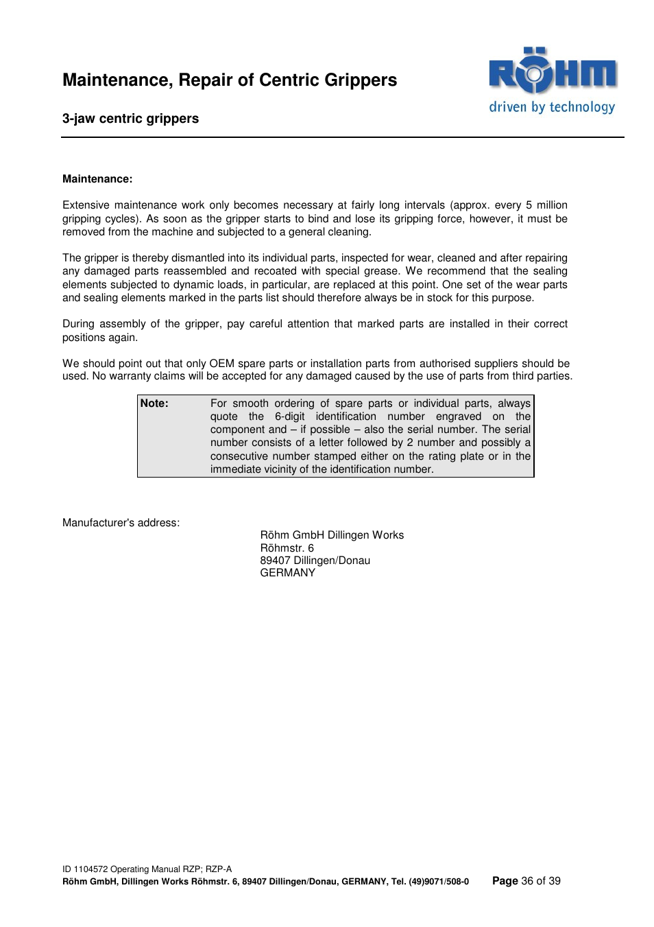 Maintenance, repair of centric grippers | ROHM RZP / RZP-A 3-jaw centric gripper User Manual | Page 36 / 39