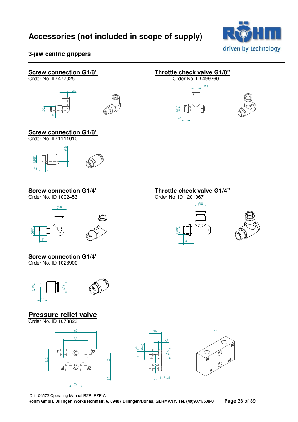 Accessories (not included in scope of supply), Pressure relief valve, Jaw centric grippers | Screw connection g1/8, Throttle check valve g1/8, Screw connection g1/4, Throttle check valve g1/4 | ROHM RZP / RZP-A 3-jaw centric gripper User Manual | Page 38 / 39