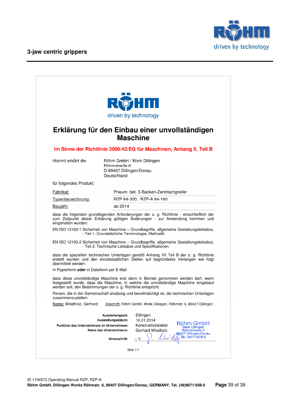 ROHM RZP / RZP-A 3-jaw centric gripper User Manual | Page 39 / 39