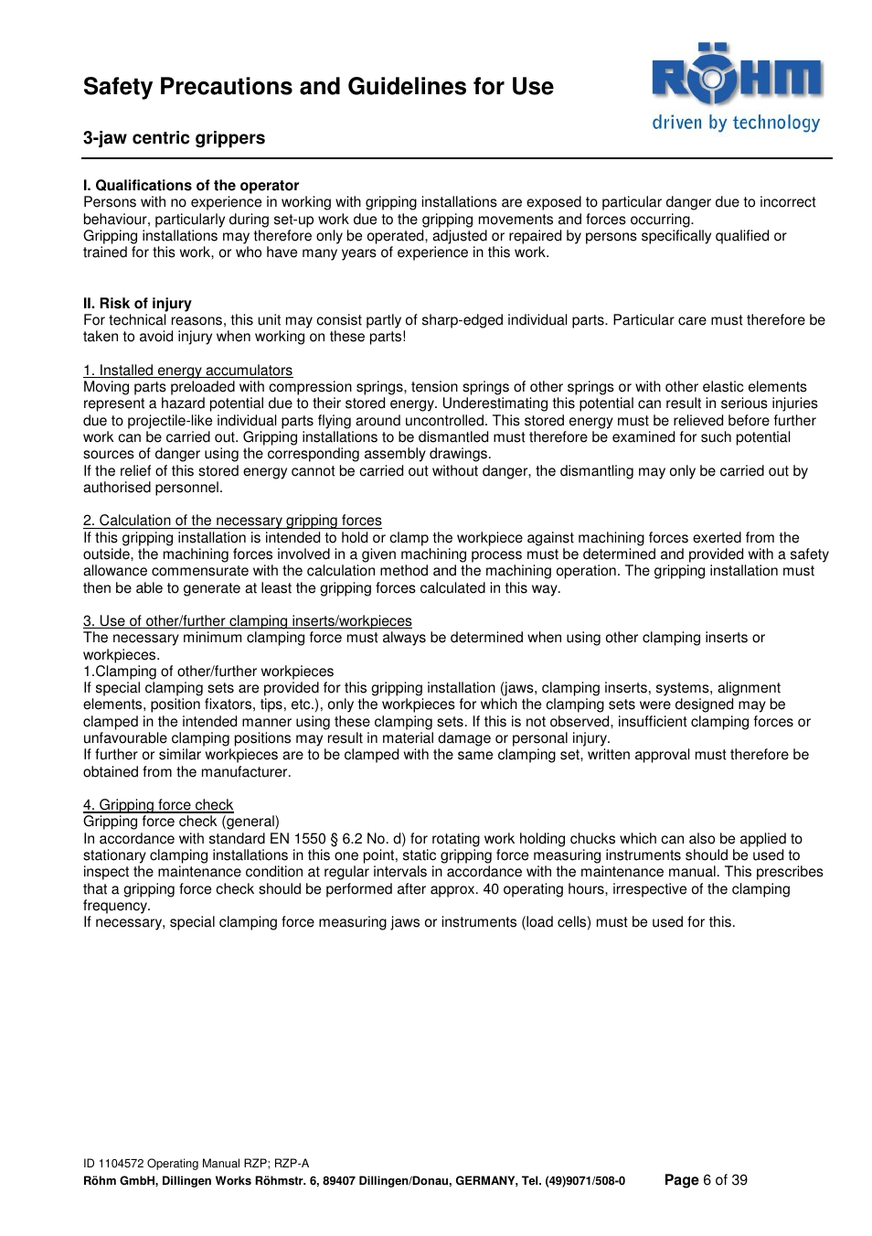 Safety precautions and guidelines for use | ROHM RZP / RZP-A 3-jaw centric gripper User Manual | Page 6 / 39