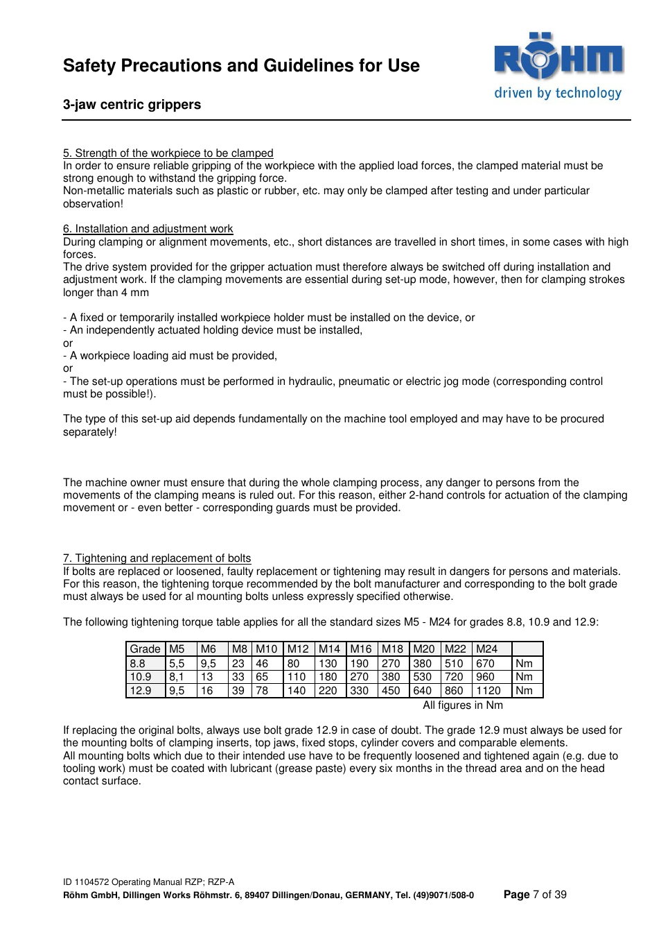 Safety precautions and guidelines for use | ROHM RZP / RZP-A 3-jaw centric gripper User Manual | Page 7 / 39