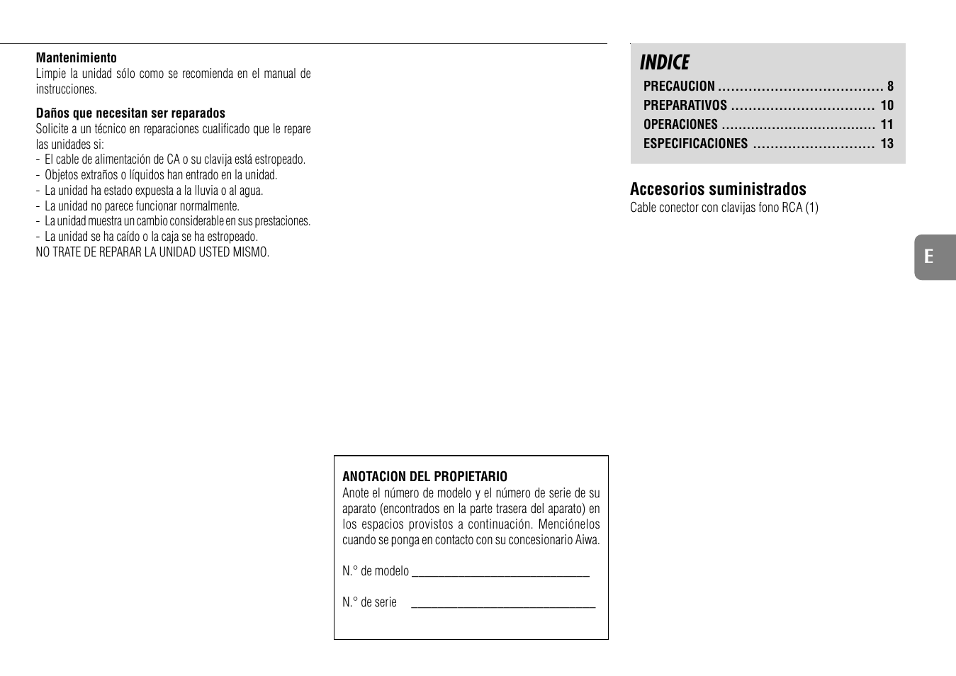 Indice | Aiwa WM5 User Manual | Page 10 / 20