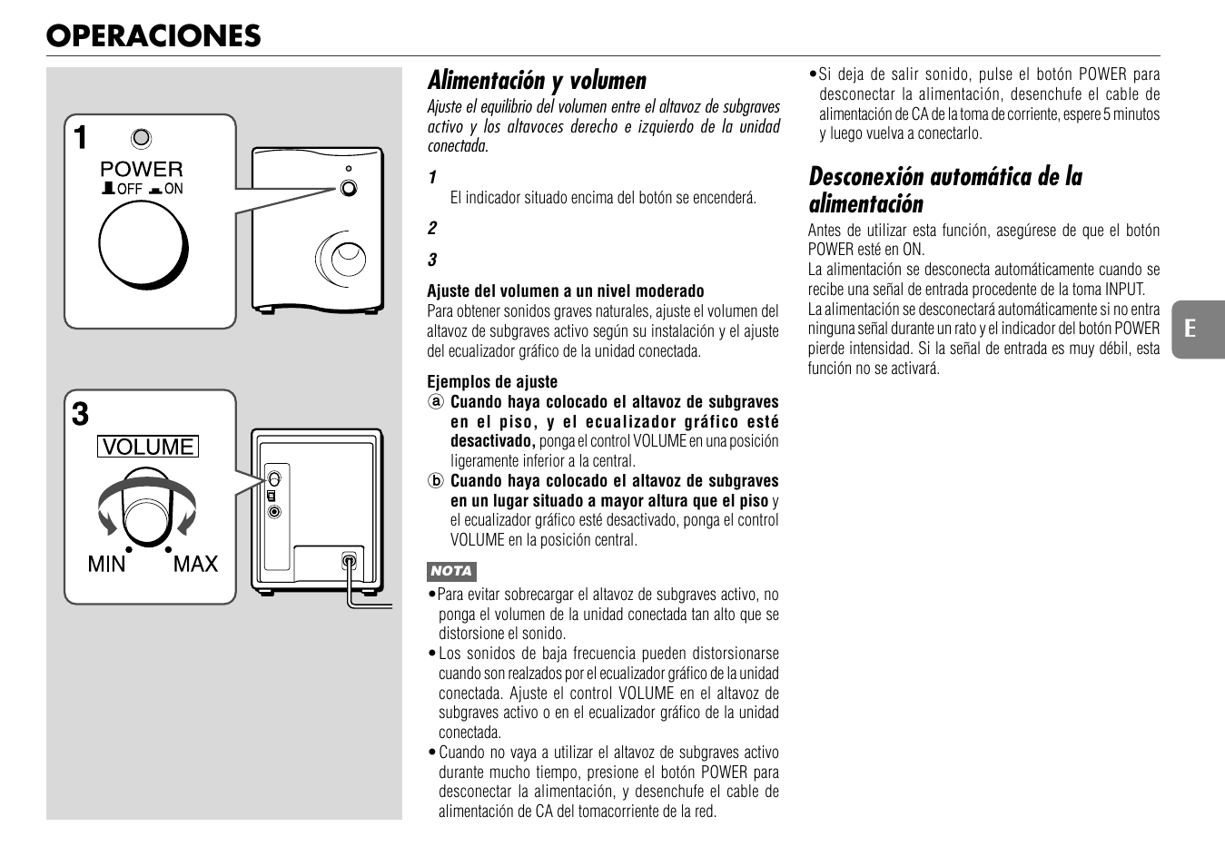 Operaciones, Alimentación y volumen, Desconexión automática de la alimentación | 11 e | Aiwa WM5 User Manual | Page 12 / 20