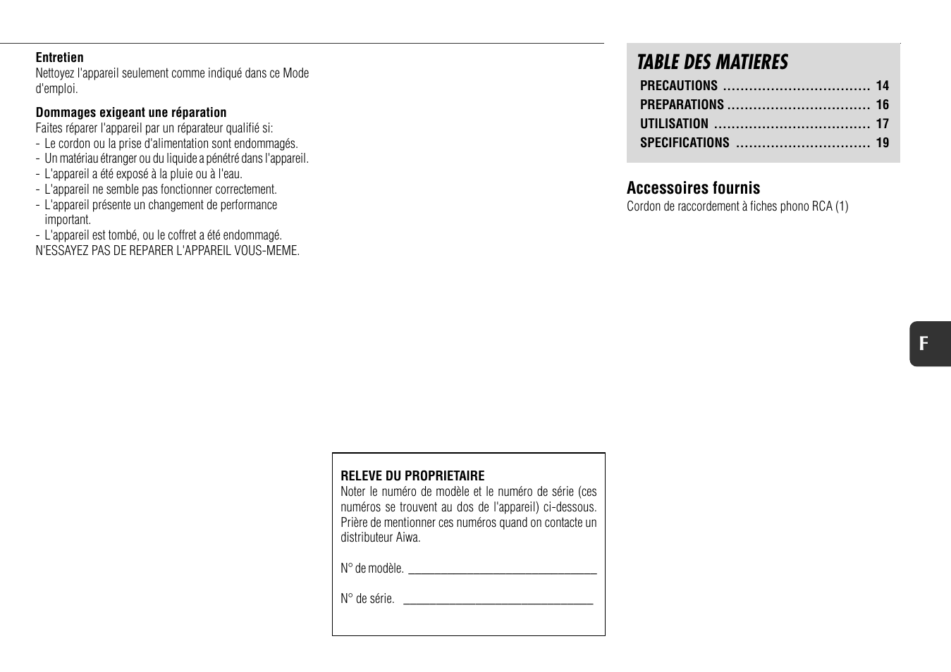 Table des matieres, 15 f | Aiwa WM5 User Manual | Page 16 / 20