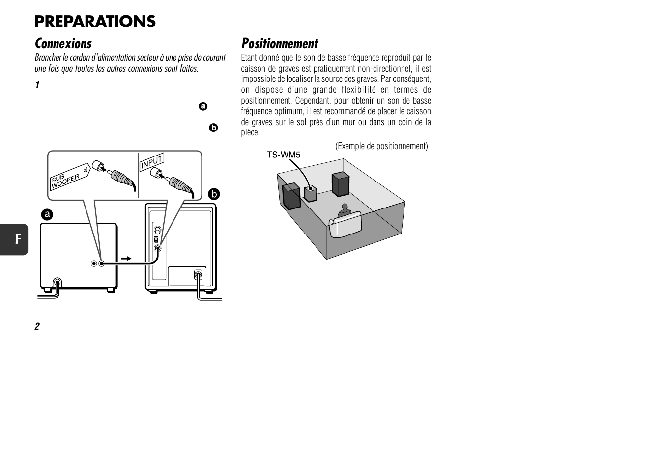 Preparations, Connexions, Positionnement | Aiwa WM5 User Manual | Page 17 / 20