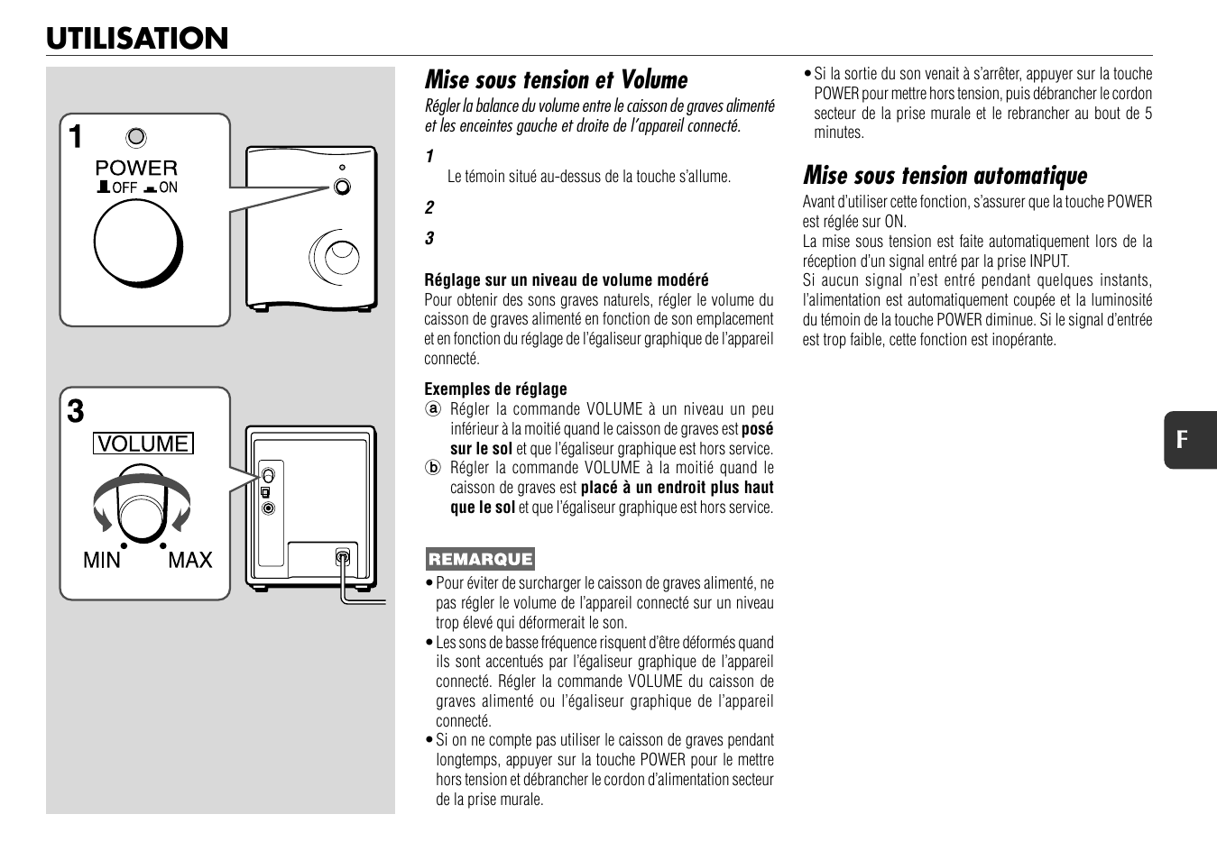 Utilisation, Mise sous tension et volume, Mise sous tension automatique | 17 f | Aiwa WM5 User Manual | Page 18 / 20