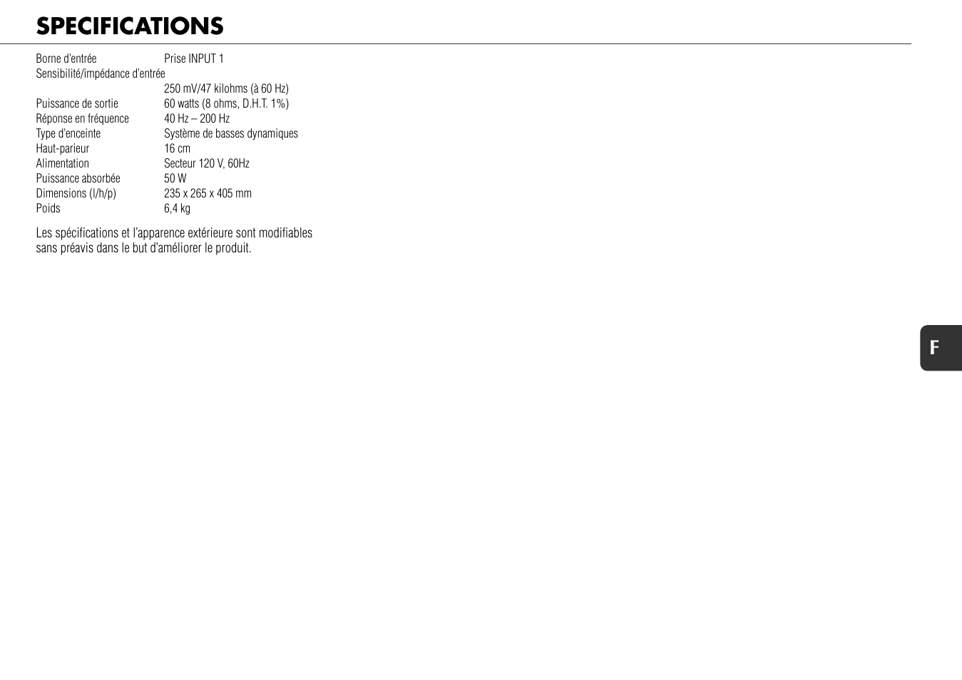 Specifications, 19 f | Aiwa WM5 User Manual | Page 20 / 20