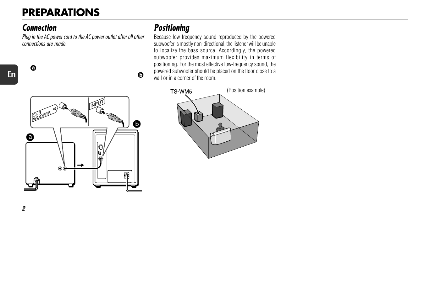 Preparations, Connection, Positioning | Aiwa WM5 User Manual | Page 4 / 20