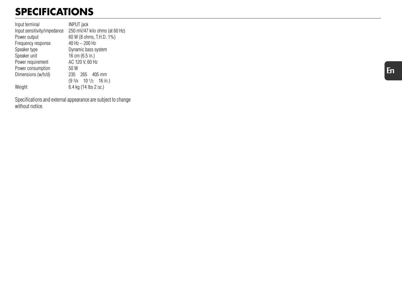 Specifications | Aiwa WM5 User Manual | Page 7 / 20