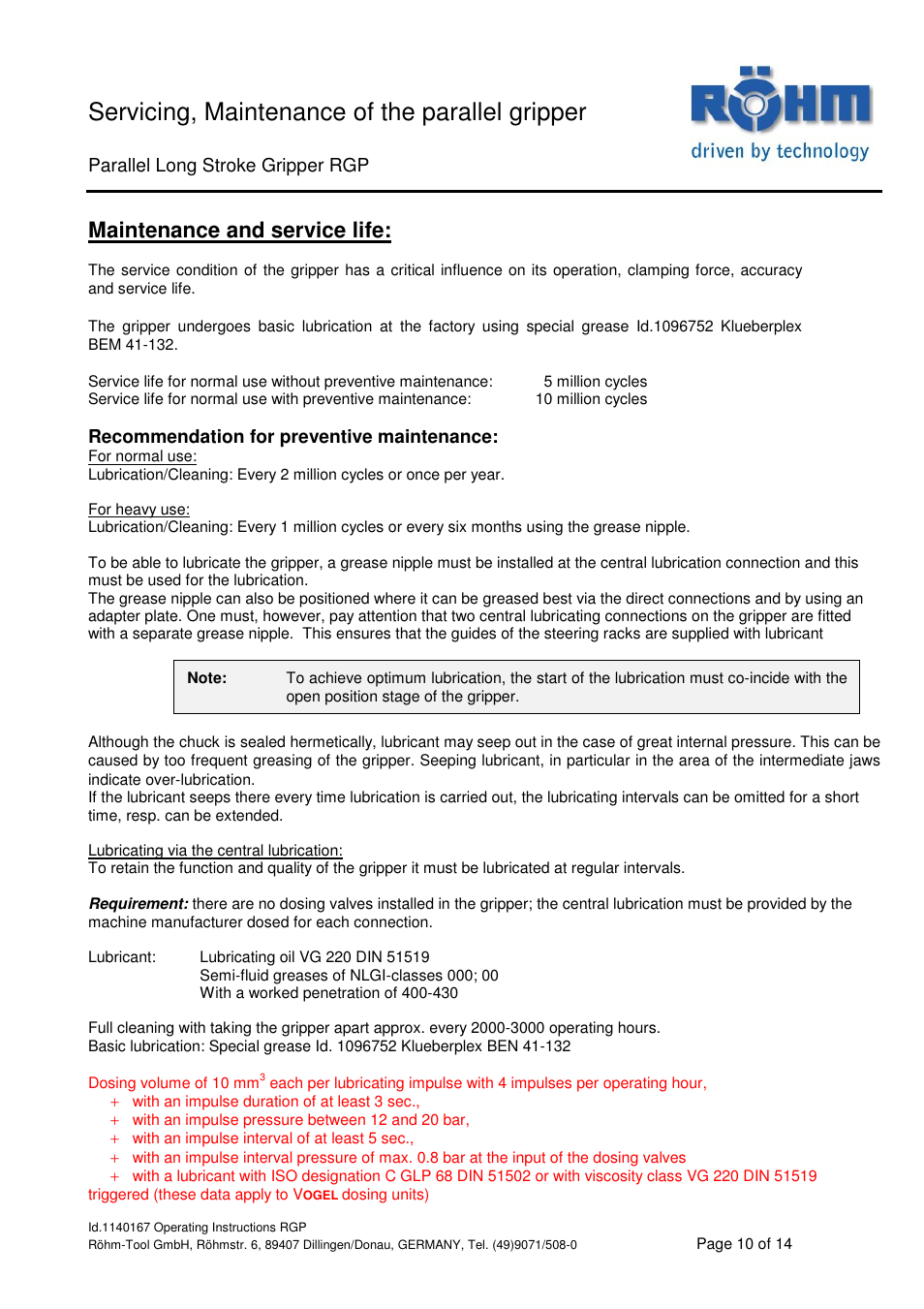 Servicing, maintenance of the parallel gripper, Maintenance and service life | ROHM RGP Long stroke gripper User Manual | Page 10 / 14