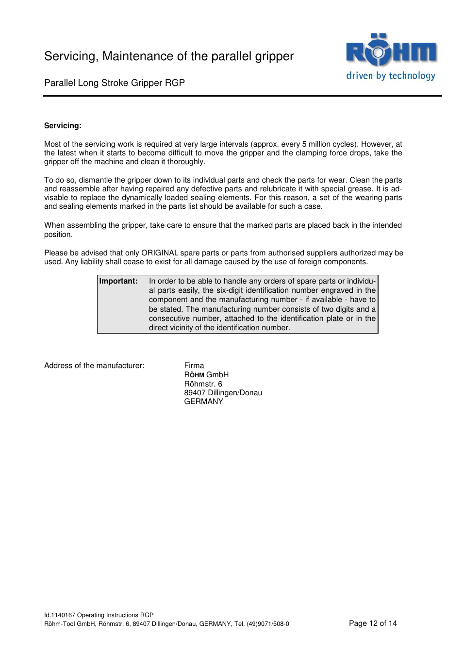 Servicing, maintenance of the parallel gripper, Parallel long stroke gripper rgp | ROHM RGP Long stroke gripper User Manual | Page 12 / 14