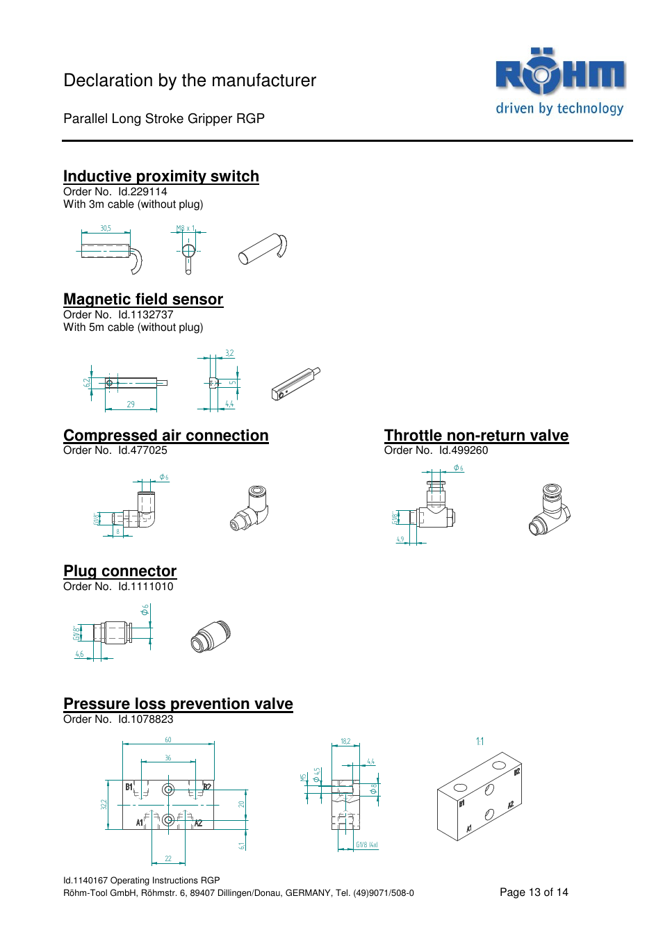 Declaration by the manufacturer, Inductive proximity switch, Magnetic field sensor | Plug connector, Pressure loss prevention valve, Parallel long stroke gripper rgp | ROHM RGP Long stroke gripper User Manual | Page 13 / 14