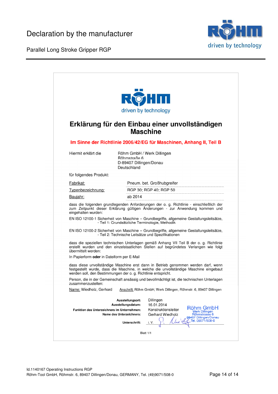 Declaration by the manufacturer | ROHM RGP Long stroke gripper User Manual | Page 14 / 14