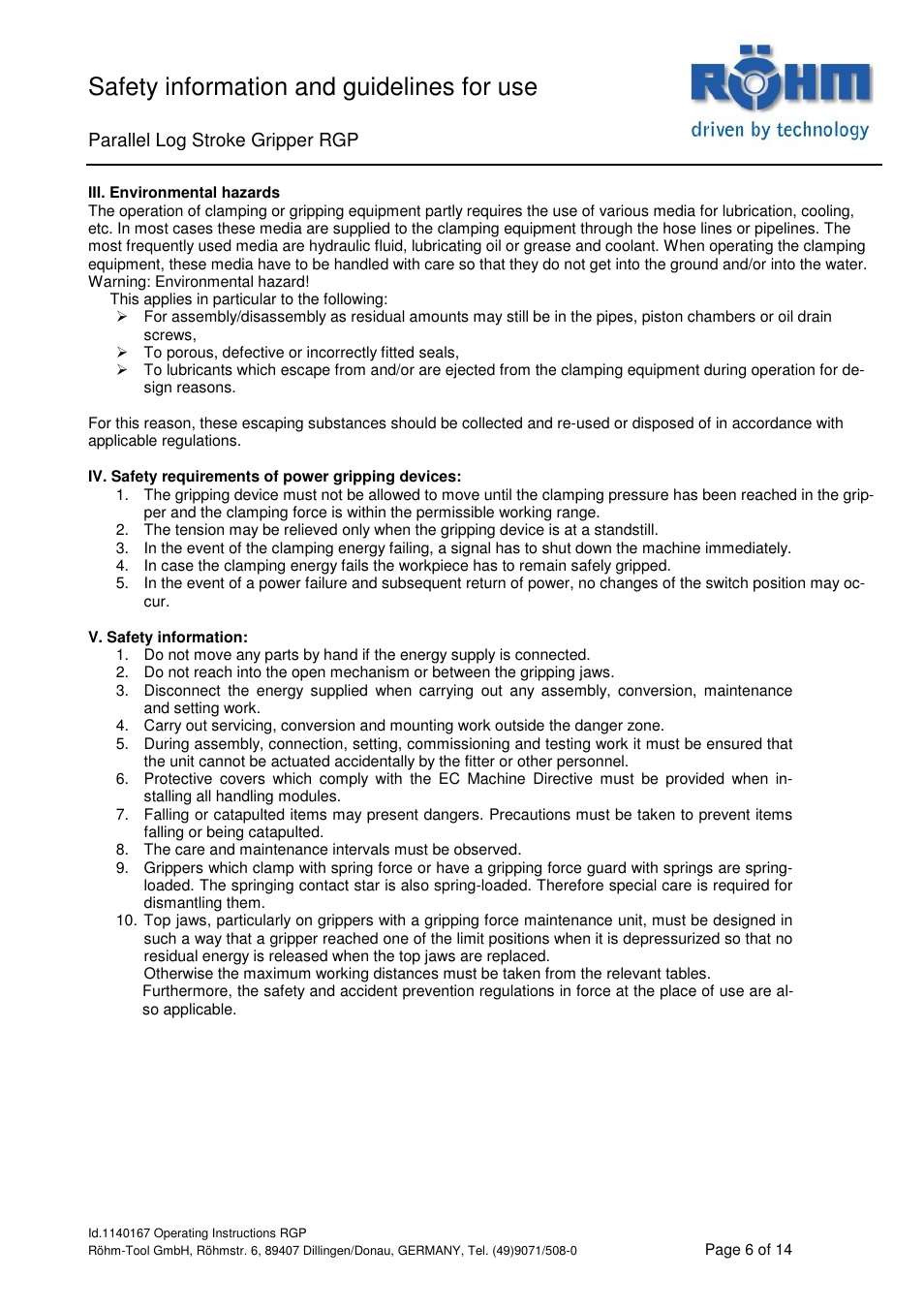 Safety information and guidelines for use | ROHM RGP Long stroke gripper User Manual | Page 6 / 14