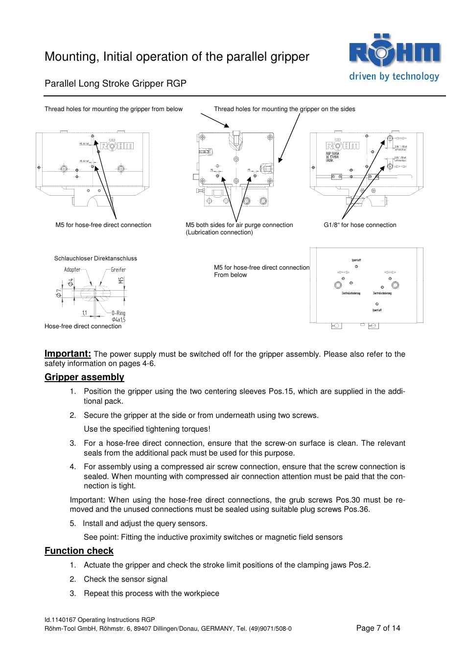 Parallel long stroke gripper rgp, Important, Gripper assembly | Function check | ROHM RGP Long stroke gripper User Manual | Page 7 / 14