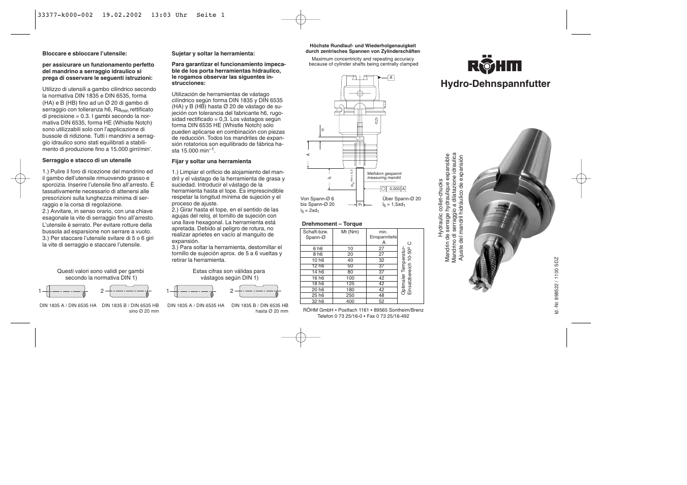 ROHM Hydraulic collet chucks User Manual | 2 pages