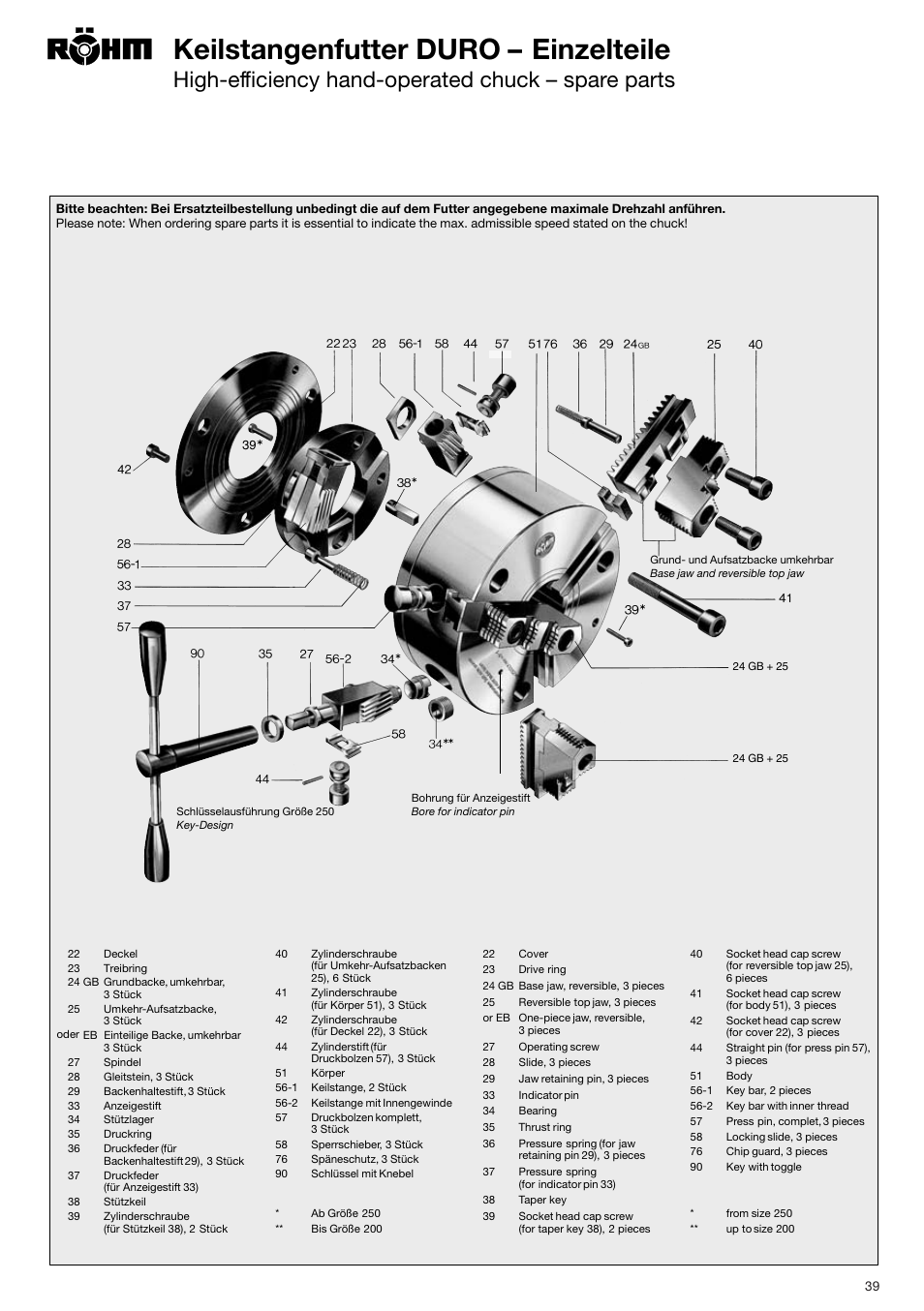 Keilstangenfutter duro – einzelteile, High-efficiency hand-operated chuck – spare parts | ROHM DURO - Key bar chucks User Manual | Page 39 / 42