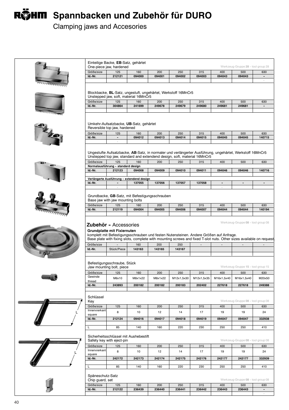 Spannbacken und zubehör für duro, Clamping jaws and accesories, Zubehör -- accessories | ROHM DURO - Key bar chucks User Manual | Page 40 / 42