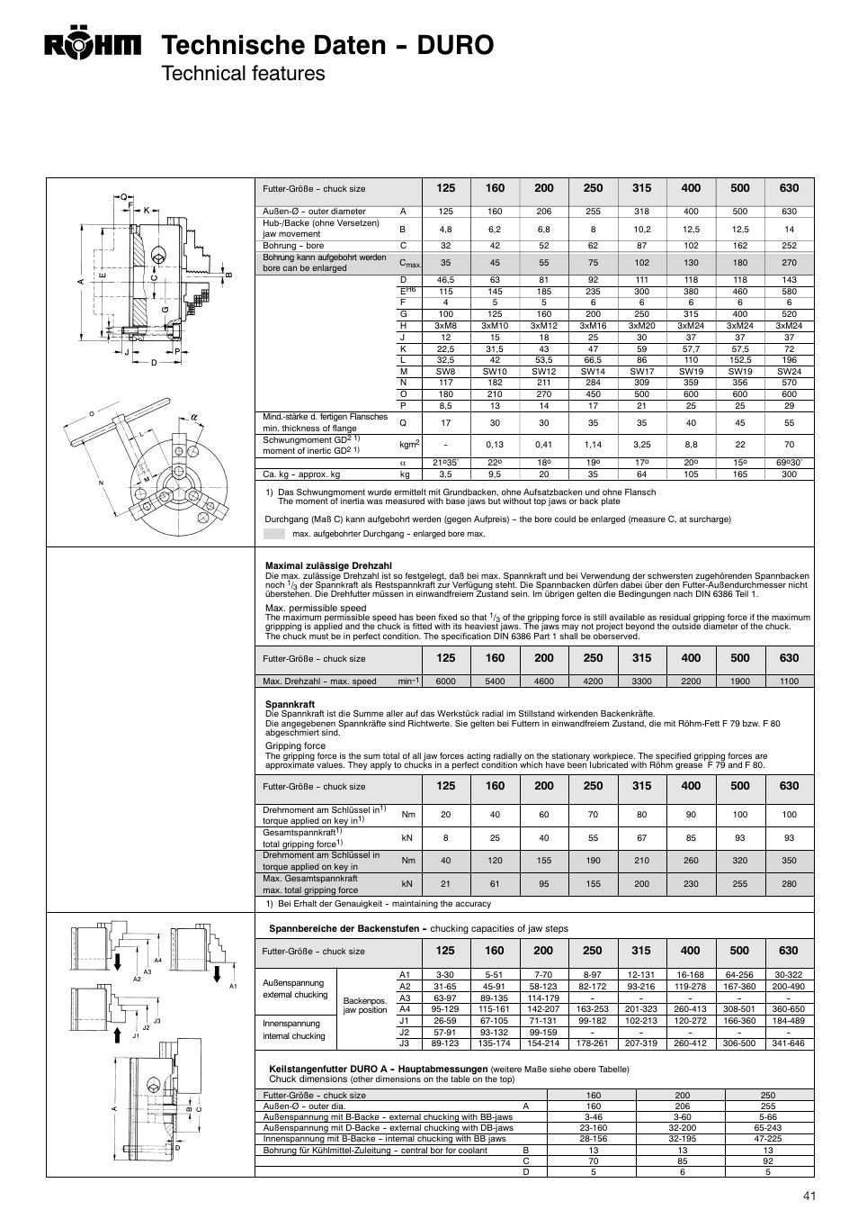 Technische daten -- duro, Technical features | ROHM DURO - Key bar chucks User Manual | Page 41 / 42