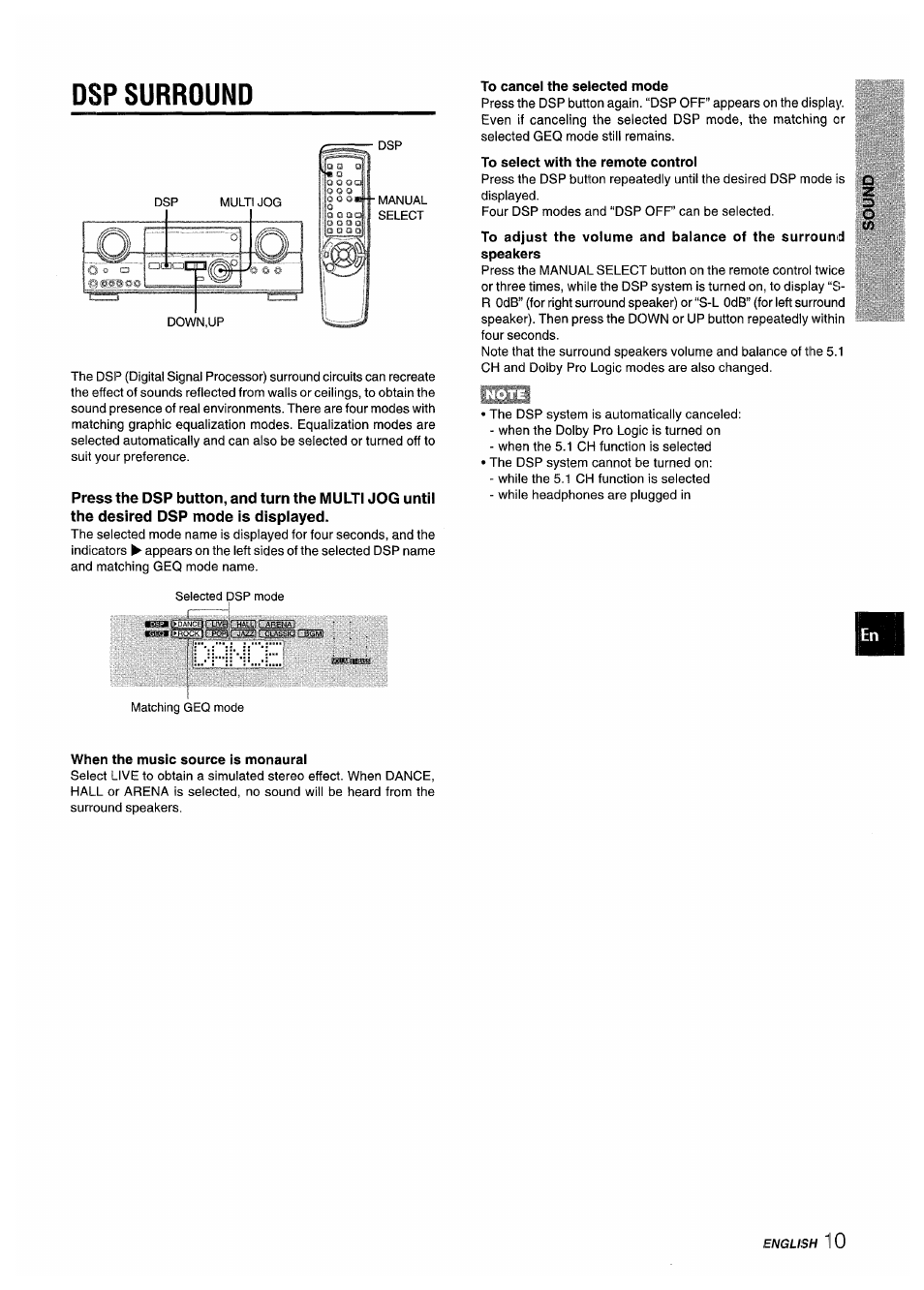 Dsp surround, To cancel the selected mode, To select with the remote control | When the music source is monaurai | Aiwa AV-D35 User Manual | Page 11 / 64