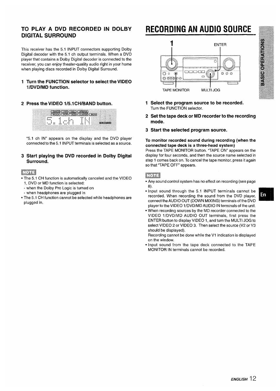 To play a dvd recorded in dolby digital surround, Recording an audio source, 2 press the video 1/5.1 ch/band button | 1 select the program source to be recorded, 3 start the selected program source, Recording aim audio source | Aiwa AV-D35 User Manual | Page 13 / 64