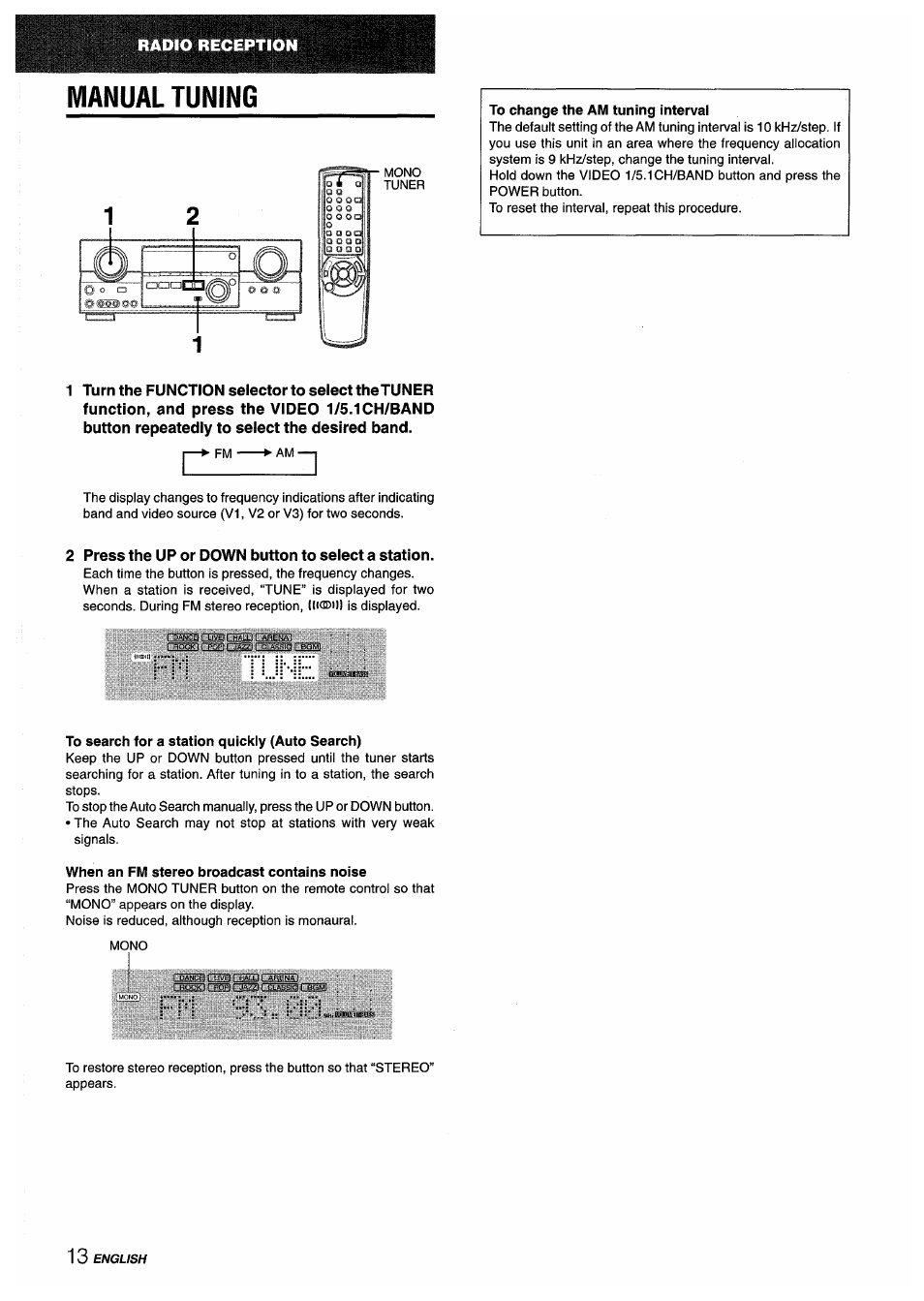 Manual tuning, To change the am tuning interval, Press the up or down button to select a station | To search for a station quickly (auto search), When an fm stereo broadcast contains noise, Manualtuning | Aiwa AV-D35 User Manual | Page 14 / 64