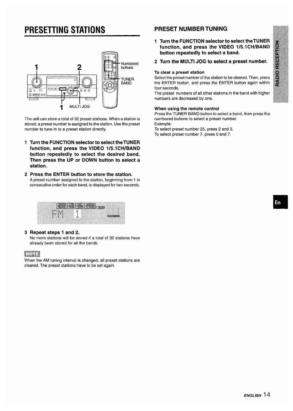 To clear a preset station, When using the remote control, Presening stations | Aiwa AV-D35 User Manual | Page 15 / 64