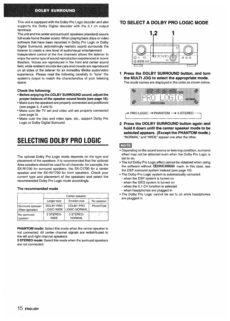 To select a dolby pro logic mode, Check the following, Selecting dolby pro logic | The recommended mode, Selecting dolby pro logic i | Aiwa AV-D35 User Manual | Page 16 / 64