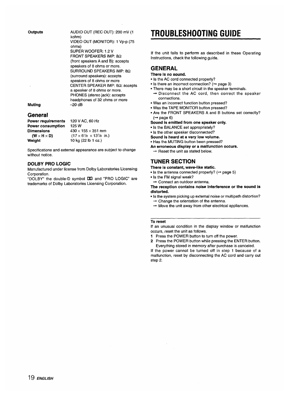 Dolby pro logic, Troubleshooting guide, General | Tuner section, To reset | Aiwa AV-D35 User Manual | Page 20 / 64