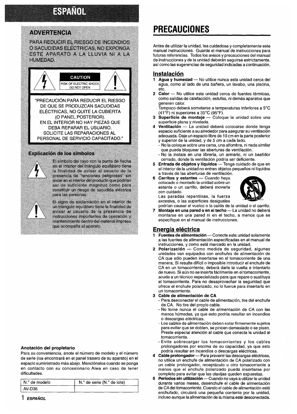 Advertencia, Explicación de los símbolos, Precauciones | Instalación, Energía eléctrica 1 | Aiwa AV-D35 User Manual | Page 22 / 64