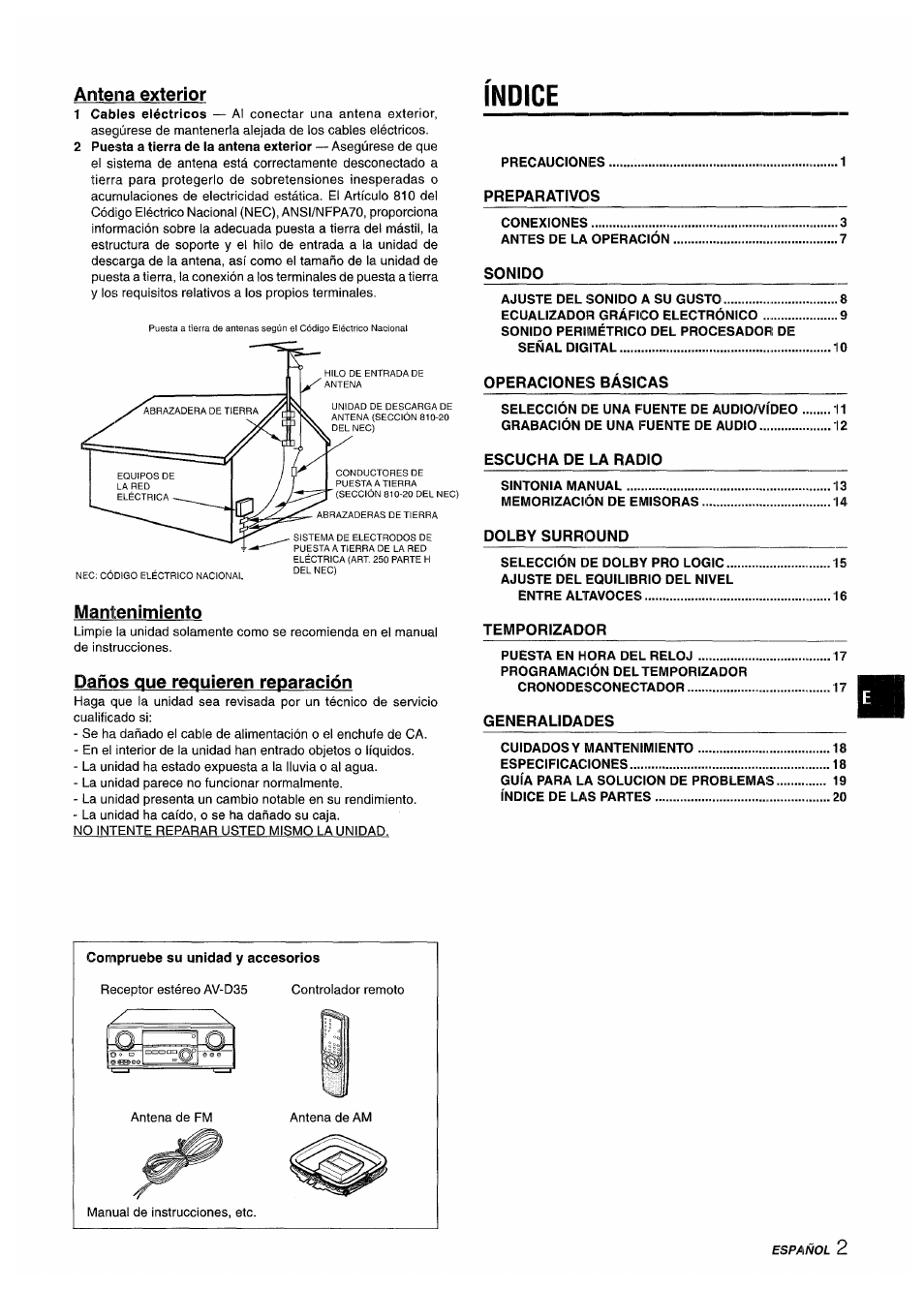 Antena exterior, Indice, Mantenimiento | Daños que requieren reparación | Aiwa AV-D35 User Manual | Page 23 / 64