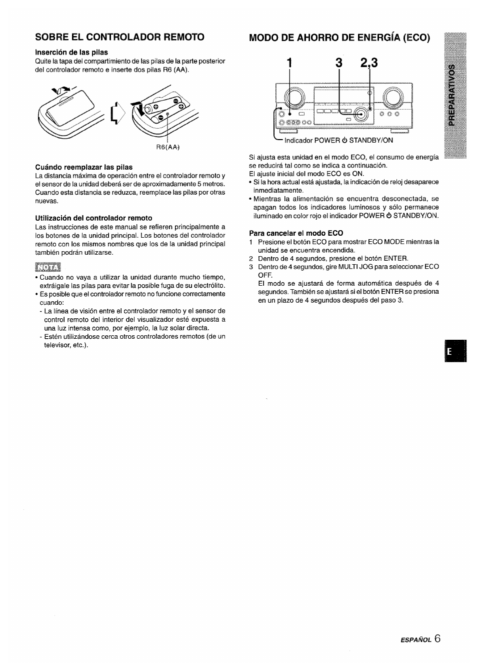 Sobre el controlador remoto, Inserción de las pilas, Modo de ahorro de energia (eco) | Cuándo reemplazar las pilas, Utilización del controlador remoto, Para cancelar el modo eco | Aiwa AV-D35 User Manual | Page 27 / 64