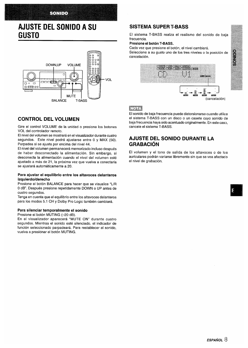 Sistema super t-bass, Control del volumen, Para silenciar temporalmente el sonido | Ajuste del sonido durante la grabación, Ajuste del sonido a su gusto | Aiwa AV-D35 User Manual | Page 29 / 64
