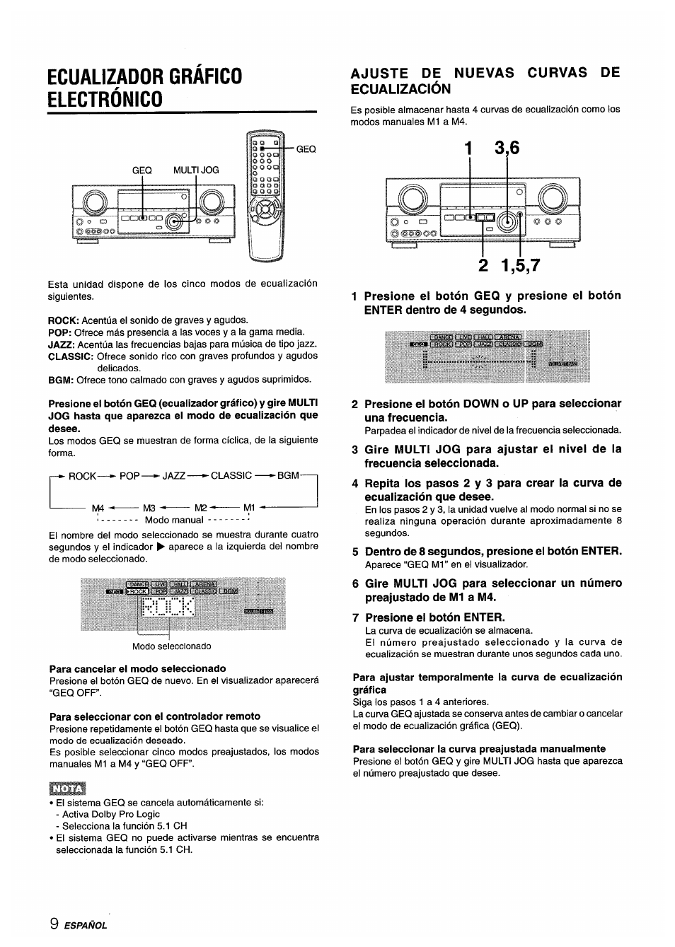 Ecualizador grafico electrónico, Para cancelar el modo seleccionado, Para seleccionar con el controlador remoto | Ajuste de nuevas curvas de ecualización, Para seieccionar ia curva preajustada manualmente, Ecualizador gráfico electrónico | Aiwa AV-D35 User Manual | Page 30 / 64