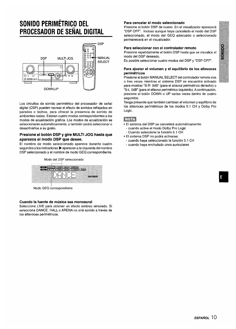 Sonido perimetrico del procesador de señal digital, Para cancelar el modo seleccionado, Para seleccionar con el controlador remoto | Cuando la fuente de música sea monoaural | Aiwa AV-D35 User Manual | Page 31 / 64