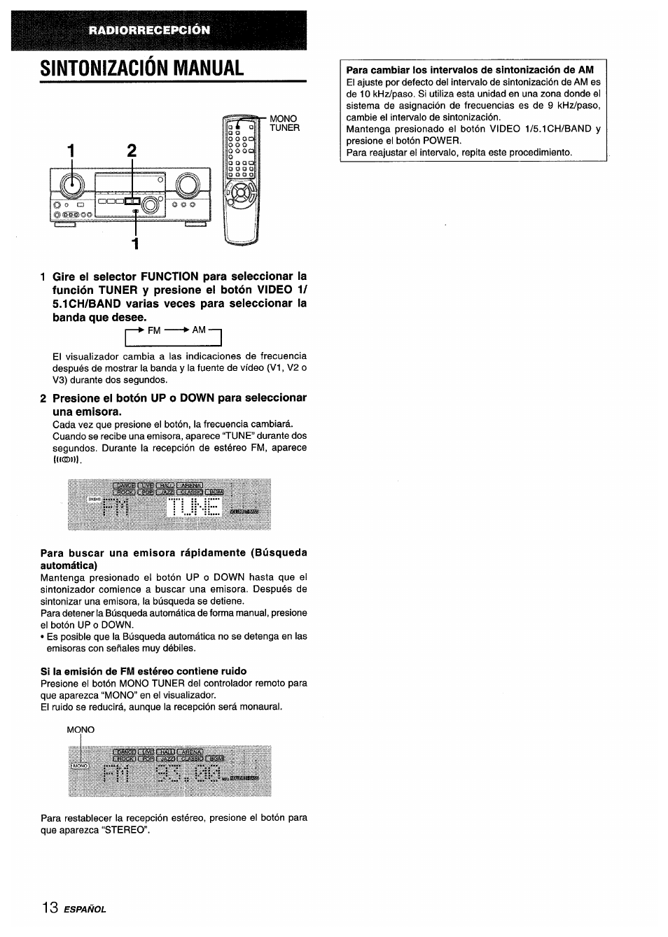 Sintonizacion manual, Para cambiar los intervalos de sintonización de am, Si ia emisión de fm estéreo contiene ruido | Sintonia manual | Aiwa AV-D35 User Manual | Page 34 / 64